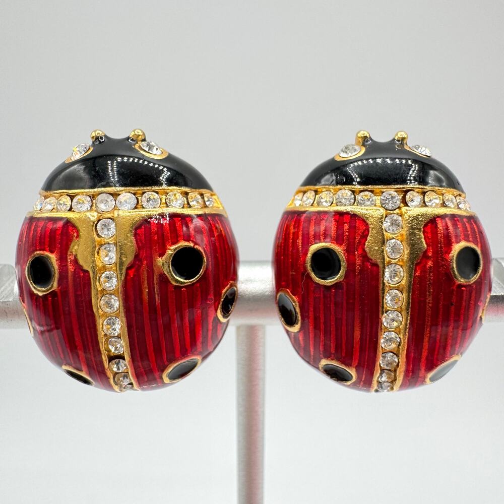 Vintage MULTILANA Ladybug Clip On Earrings Chunky Insect Bug Good Luck Lucky Fun